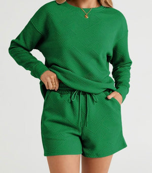 Open image in slideshow, Textured Long Sleeve Top and Drawstring Shorts Set
