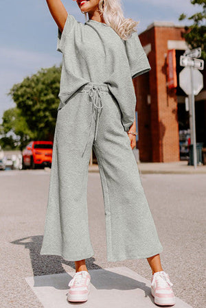 Open image in slideshow, Textured Loose Fit T Shirt and Drawstring Pants Set
